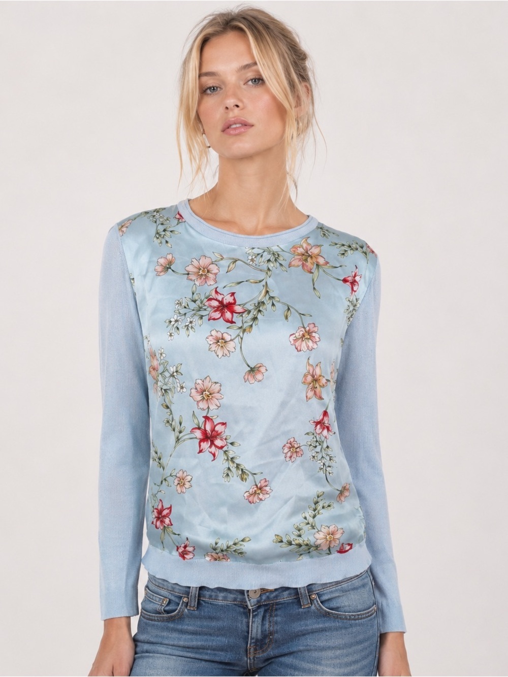 Ralph Lauren Blue Floral Satin & Knit Top Sweater Coastal Chic LRL Boho Size XL